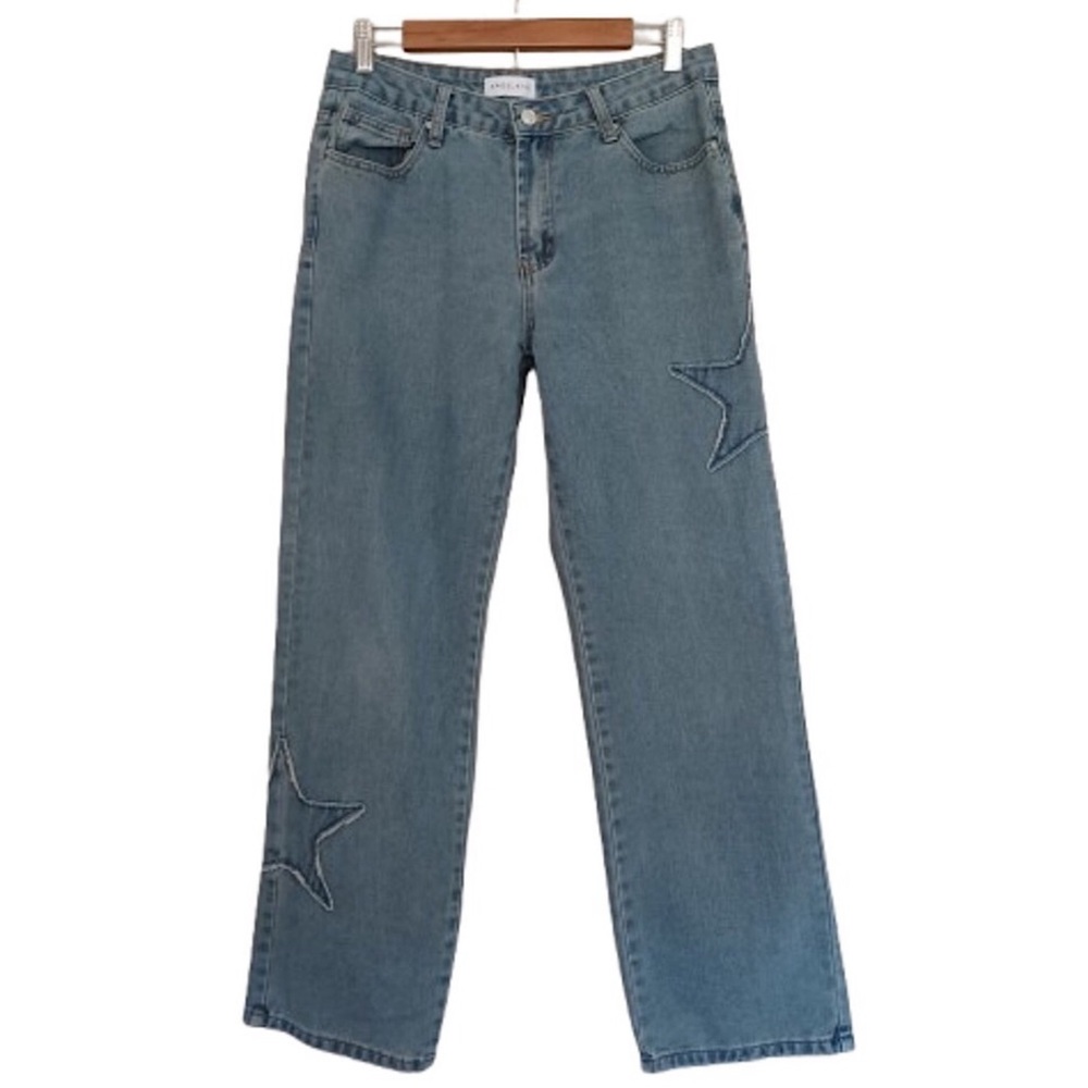 ANGEL KISS Wide Leg Jeans Cotton Denim Distressed Star Detailed Blue Jean Pants